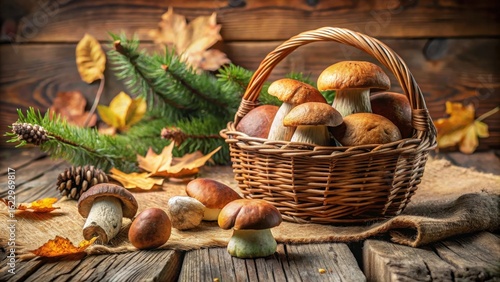 Autumnal Harvest A Rustic Basket Overflowing with Wild Mushrooms, Nestled Amongst Fallen Leaves and Pine Cones on a Weathered Wooden Surface