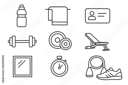 Fitness and gym outline icon set. exercise, locker room equipment outline collection
