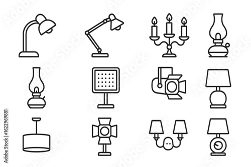 Lighting icon set: outline icons for lamps, chandeliers, lanterns, and more