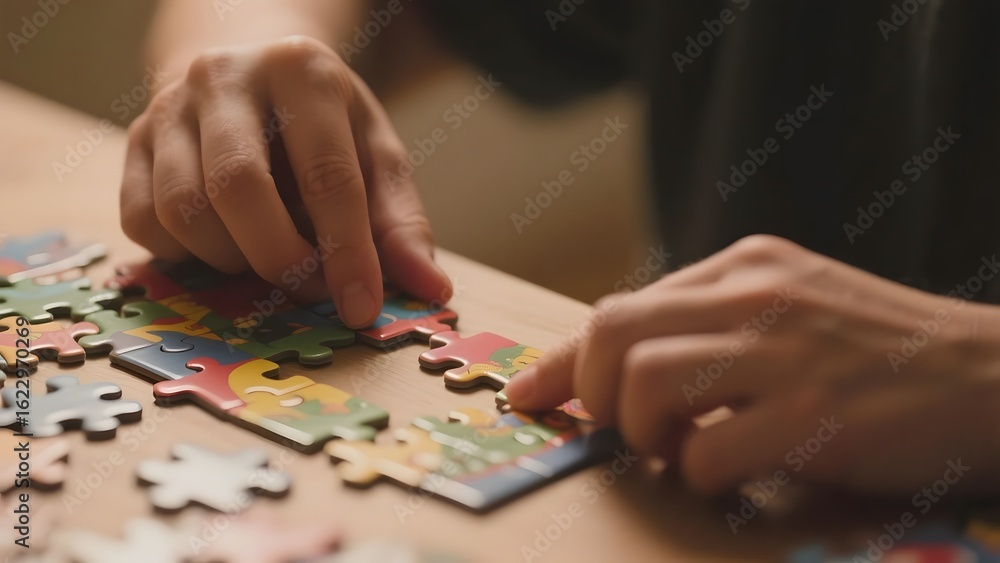 Fototapeta premium Person Assembling a Colorful Puzzle on a Wooden Table