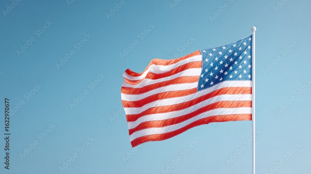 Fototapeta premium Waving flag against clear blue sky symbolizes patriotism and uni