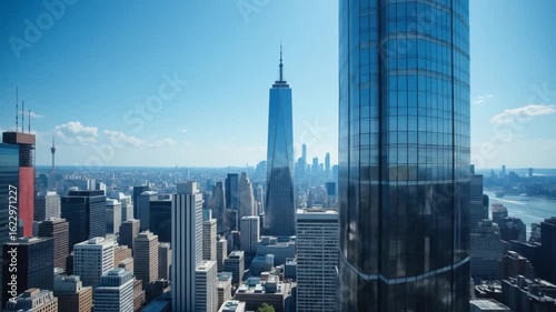 Majestic New York City Skyline: Modern Skyscrapers Under Blue Sky