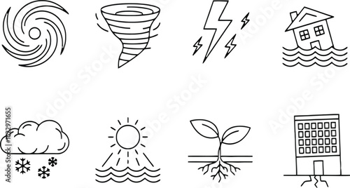 Vector art of vector illustration of a collection of natural disaster icons depicting weather events and environmental changes like floods and storms