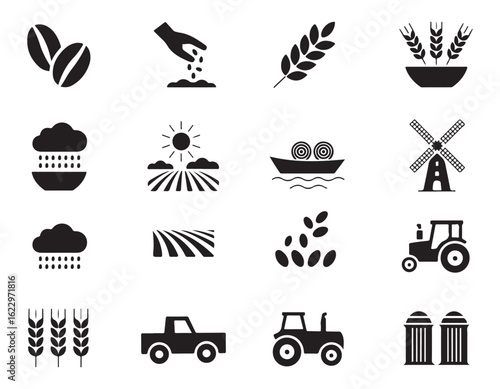 Farming and Agriculture Icon Set Black and White Vector Illustration of Rural Life and Agricultural Activities