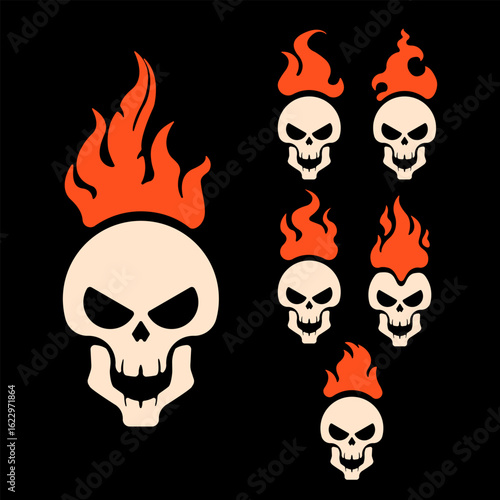 Vector illustration of biker skull with different fire instead of hair.