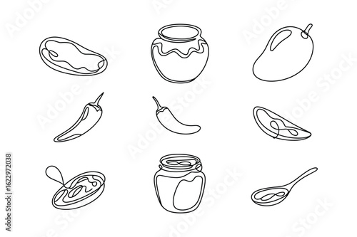Dried fruit chili pepper mango jar spoon line art vector