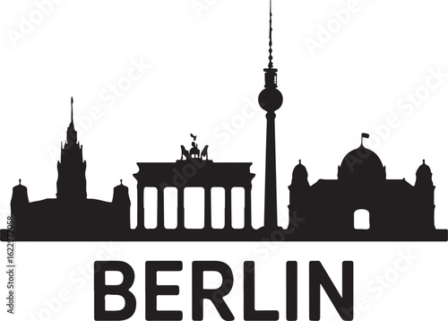 Black Silhouette of Berlin Skyline with Brandenburg Gate and TV Tower