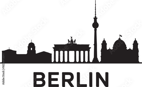 Black Silhouette of Berlin Skyline with Brandenburg Gate and TV Tower