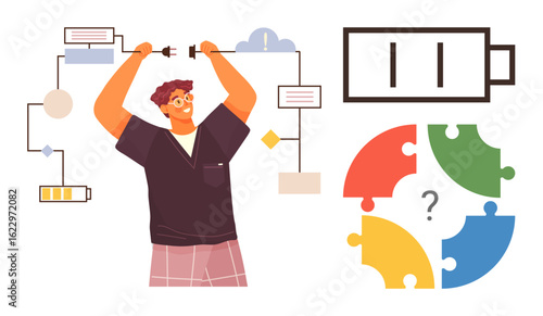 Person figuratively repairing connections with a wire, representing energy, problem-solving, collaboration, analysis, teamwork, efficiency, and project management. Ideal for problem-solving