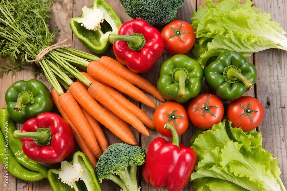 Top-down view of an assortment of fresh organic vegetables including carrots, bell peppers, broccoli, tomatoes, and lettuce arranged artistically on a rustic wooden table Top-down view of an assortment of fresh organic vegetables including carrots, bell peppers, broccoli, tomatoes, and lettuce arranged artistically on a rustic wooden table