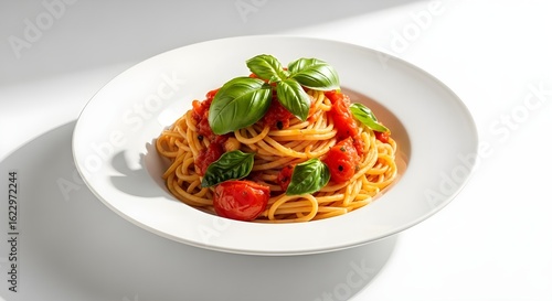 Spaghetti pasta with tomato sauce and basil leaves served on white ceramic plate