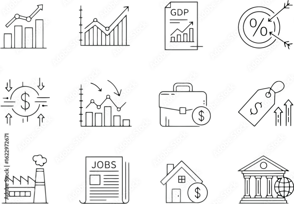 Obraz premium Vector art of vector illustration of as set of hand drawn icons representing economic activity and financial market trends in a modern style