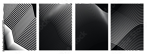 Abstract line wave gradient poster background vector set. Minimalist cover template with vibrant perspective line wave in motion. Ideal design for social media, cover, banner, flyer, sound, ads.