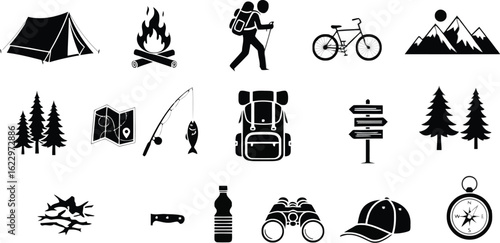 Vector art of vector illustration of adventure and exploration with camping bonfire and fishing in the great outdoors with mountains and forest