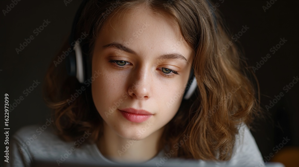 Serene Soundscape: A young woman, lost in the immersive world of audio, sits engrossed, her face illuminated by a screen, the headphones creating a bubble of concentration. Serene Soundscape: A young woman, lost in the immersive world of audio, sits engrossed, her face illuminated by a screen, the headphones creating a bubble of concentration.