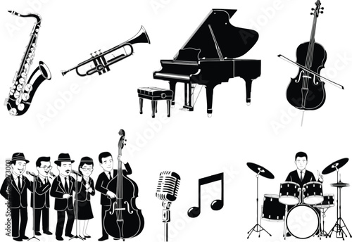 Vector art of vector illustration of a jazz band performing with saxophone trumpet piano cello drums and bass creating a lively musical atmosphere