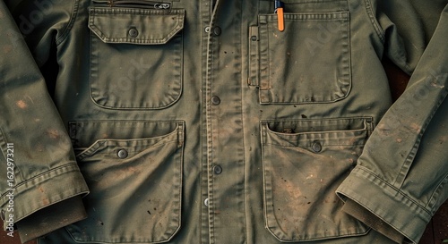 Close-up of a Worn, Olive Green Work Jacket with Distinctive Dirt and Wear Marks