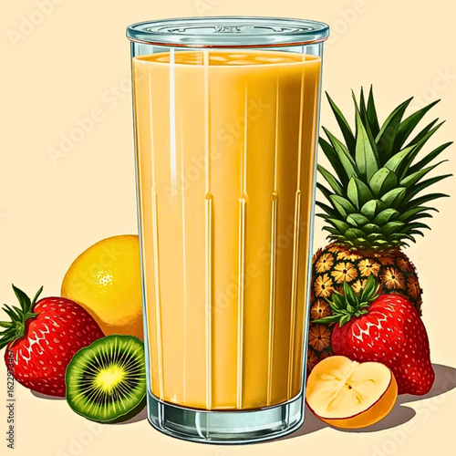 Tropical fruit juice in artistic style with vibrant colors and fresh fruit combinations, copy space