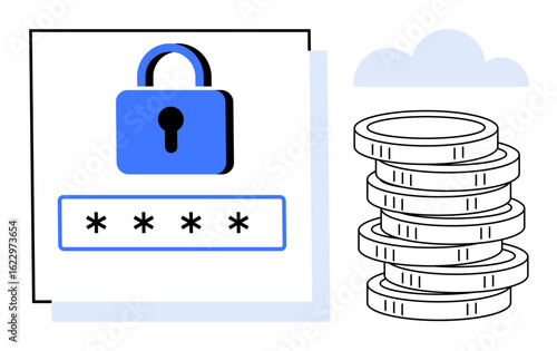 Padlock and password entry near coin stack and cloud highlight data security, encryption, and financial safety. Ideal for cybersecurity, fintech, savings, privacy, cloud storage, protection simple