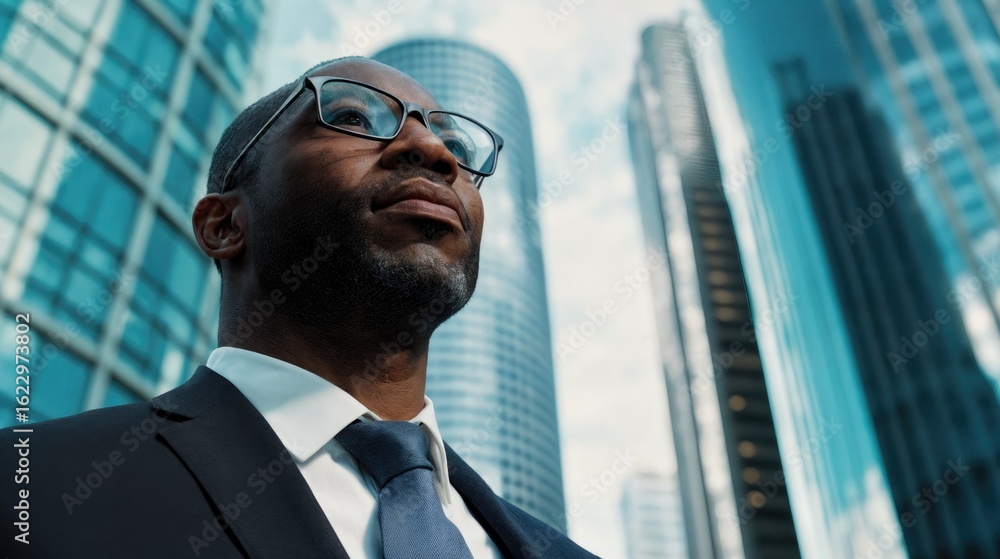 Fototapeta premium Confident Businessman Gazes Towards the Sky in a Modern City During the Afternoon