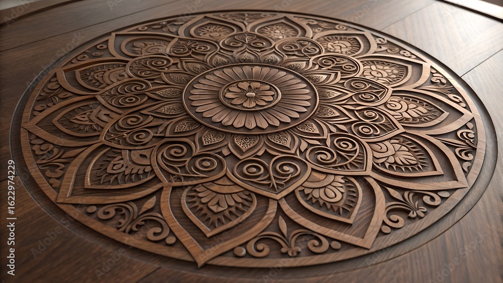 Obraz premium Intricate mandala carved into dark walnut slab