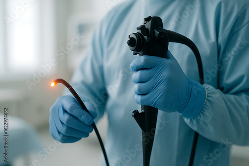 Medical professional wearing blue gloves operating a flexible endoscope with an illuminated tip in a clinical setting.