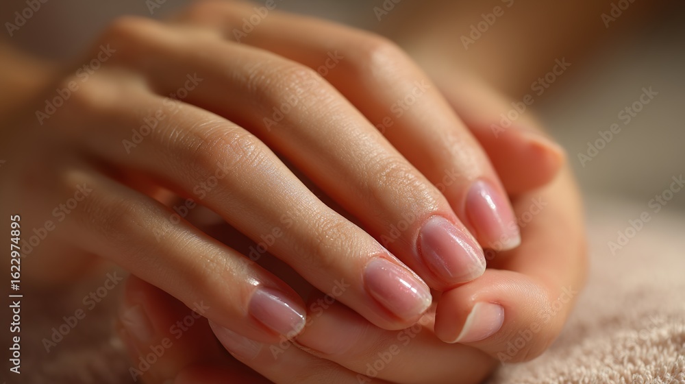 Fototapeta premium Elegant Embrace: A close-up shot of hands showcasing natural beauty, with the soft glow of healthy nails and a tender touch.