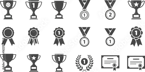 Vector art of vector illustration of awards and achievements including trophies medals ribbons and certificates for recognizing success and winning