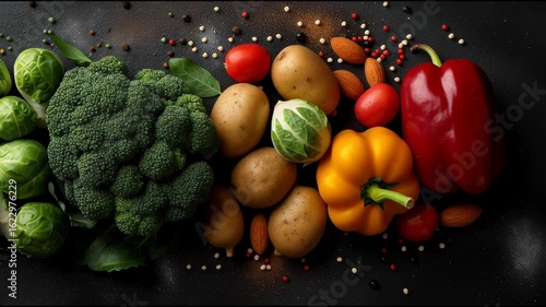 Dynamic Arrangement of Vibrant Fresh Produce on a Dark Background