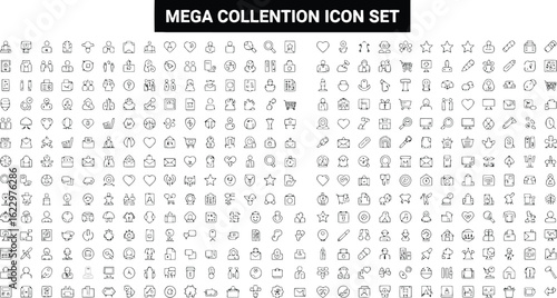 Vector art of vector illustration of a mega collection icon set featuring various line icons for web and mobile applications interface design