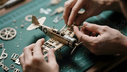 Hands assembling a detailed wooden model airplane on a crafting mat