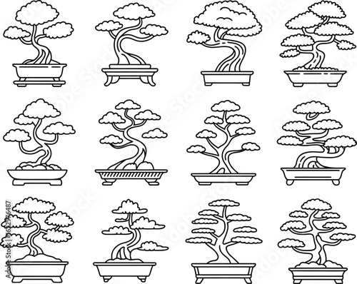 Collection of twelve hand drawn bonsai trees in pots artistic sketch