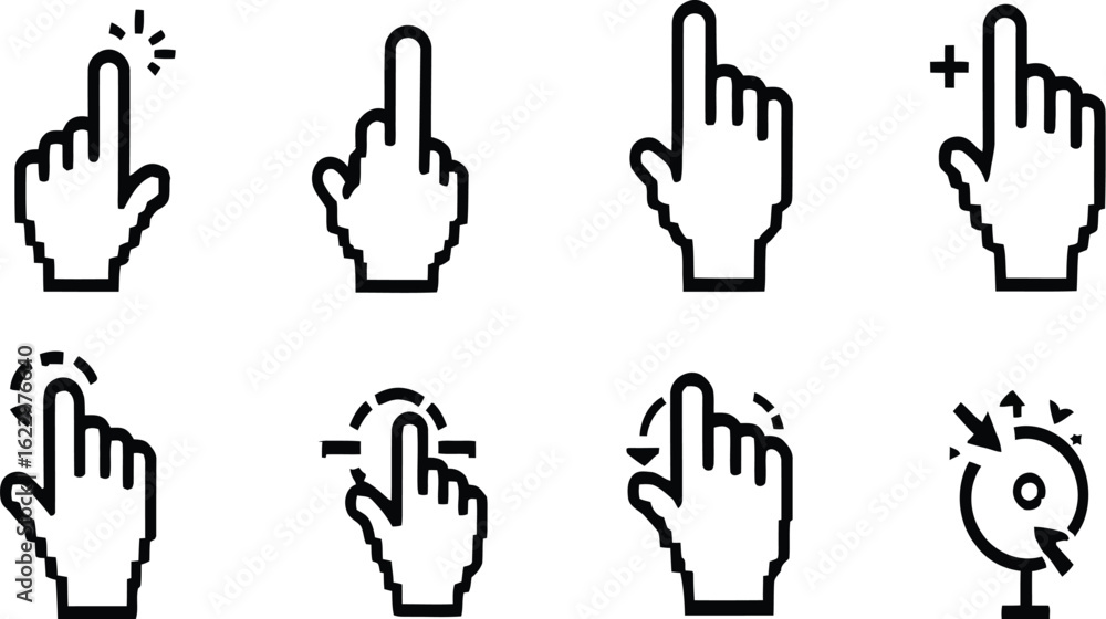 Fototapeta premium Hand Gesture Icon Set Featuring Tap, Point, and Interaction Symbols in Minimal Monoline UI Style