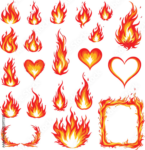 Flame Element Icon Set Featuring 21 Stylized Fire Illustrations in Red, Orange, and Yellow Variants
