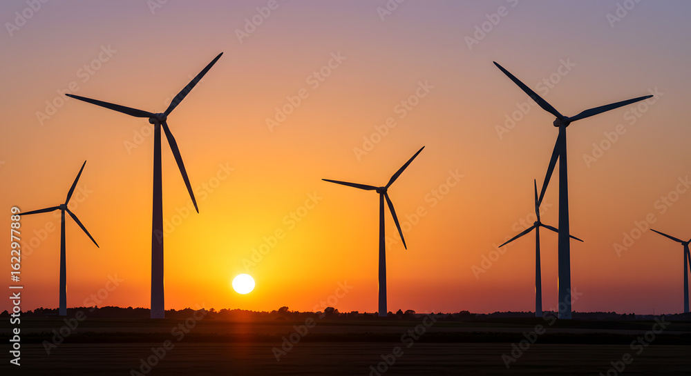 Fototapeta premium Stunning sunset over wind farm, powering a cleaner future, ideal for energy companies, environmental groups, and sustainable campaigns