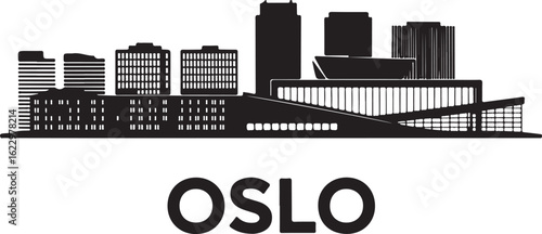 Black Silhouette of Oslo Skyline with Opera House and Barcode Buildings