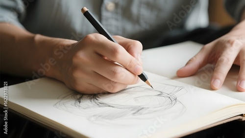Artist sketching a face with a pencil on a notebook