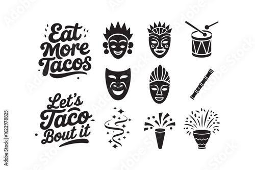 Fiesta Mask Music Food Icon Set Vector Illustration