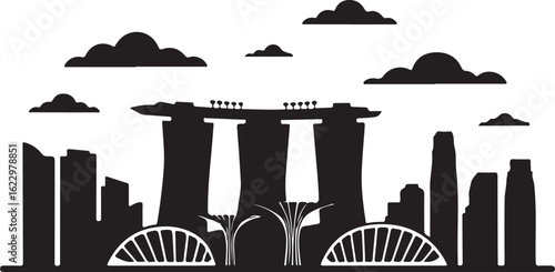 Black Silhouette of Singapore Skyline with Marina Bay Sands and Supertrees