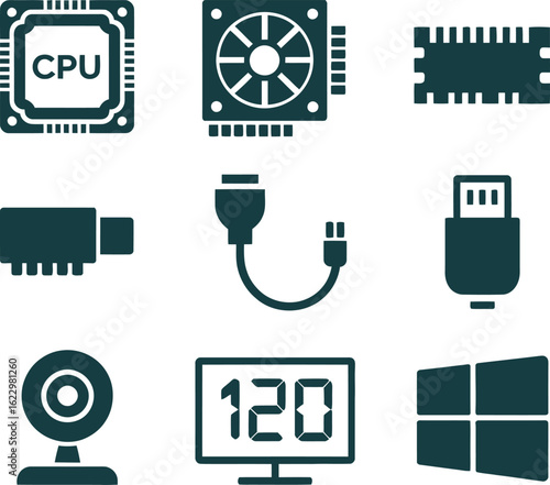 Computer Hardware Component Set CPU Fan Memory Stick USB Icon on Transparent Background