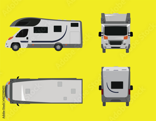 Recreational vehicle or RV all four side view vector design on yellow background. Camper van vector.