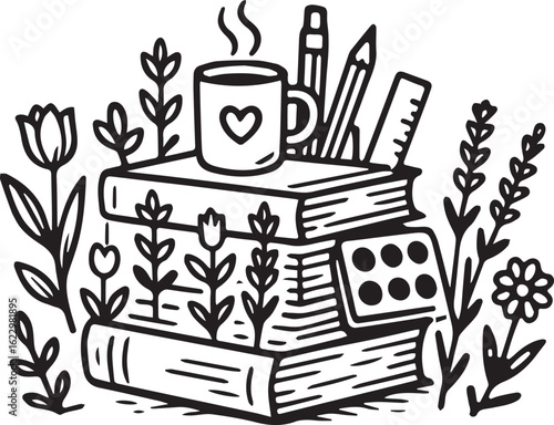 illustration of a cup of coffee, books and school supplies