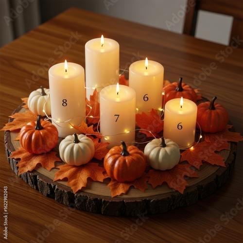 Halloween centerpiece with pumpkins and lit candles