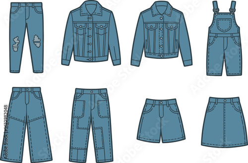 Denim Apparel Collection Jeans, Jackets, Overalls and Skirts on Transparent