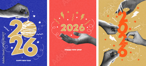 Merry christmas and Happy new year collage design. With hands holding 2026. Colorful collage style illustrations. Vector design for poster, banner, greeting and celebration.	