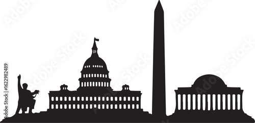 Black Silhouette of Washington DC Skyline with Capitol and Washington Monument