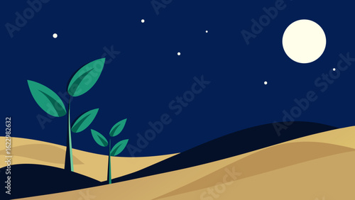 Two Teal Plants Growing in Beige Sand Dunes Under a Night Sky