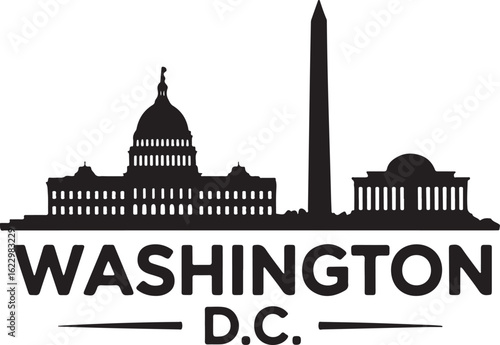 Black Silhouette of Washington DC Skyline with Capitol and Washington Monument