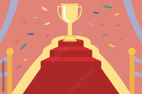 "Winner Trophy on Red Carpet Stage with Confetti – Celebration and Achievement Concept Illustration"



