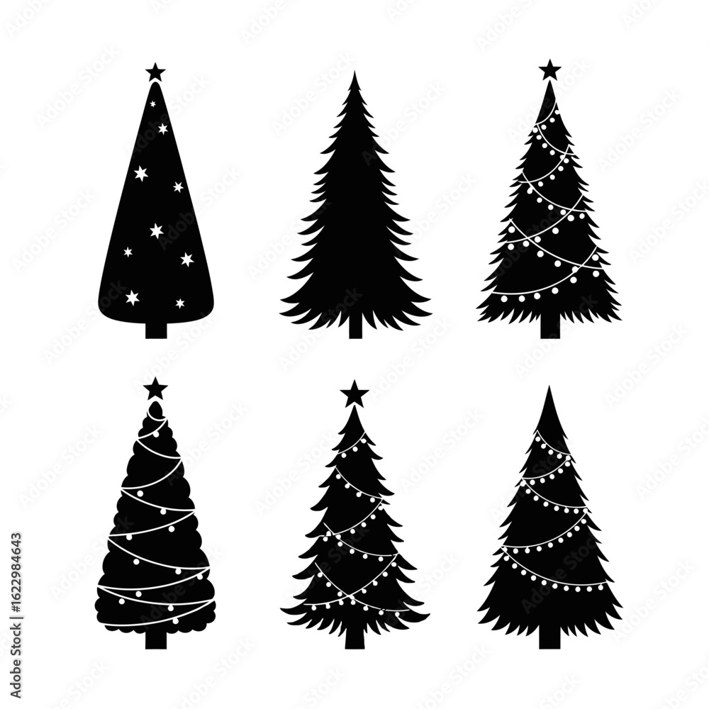 Obraz premium Christmas Tree Silhouette Collection with Decorations illustration